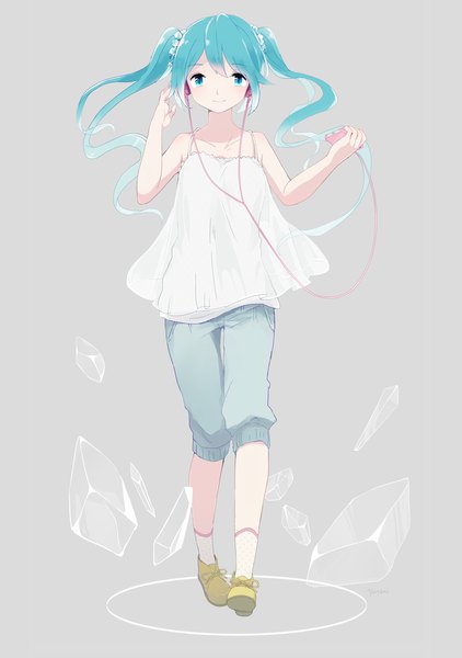Anime picture 1450x2060 with vocaloid hatsune miku chizuru (ambient) single long hair tall image blue eyes simple background smile standing twintails blue hair grey background bare belly girl socks headphones white socks mobile phone wire (wires)