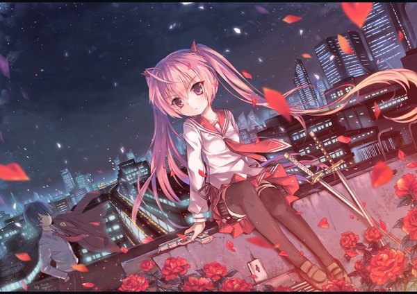 Anime picture 1366x966 with hidan no aria kanzaki h aria tooyama kinji north abyssor long hair short hair black hair sitting twintails pink hair pink eyes night loli city girl thighhighs boy flower (flowers) weapon black thighhighs