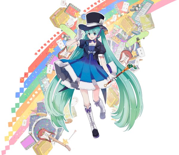 Anime picture 2577x2233 with vocaloid magical mirai (vocaloid) hatsune miku magical mirai miku magical mirai miku (2013) chris (pixiv) single looking at viewer fringe highres open mouth blue eyes simple background twintails very long hair green hair magic girl dress gloves