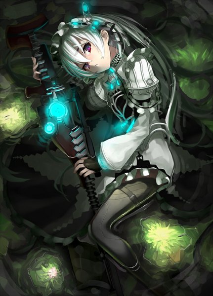 Anime picture 704x980 with hitsugi no chaika studio bones chaika trabant tef single long hair tall image looking at viewer fringe bent knee (knees) white hair lying pink eyes from above girl dress hair ornament flower (flowers) weapon pantyhose