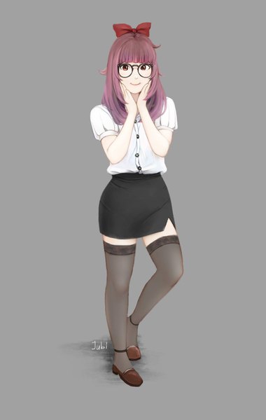 Anime picture 1299x2048 with original yuri (jubi) jubi (regiana) single long hair tall image looking at viewer fringe smile standing brown eyes signed purple hair full body blunt bangs standing on one leg hand on cheek girl thighhighs skirt