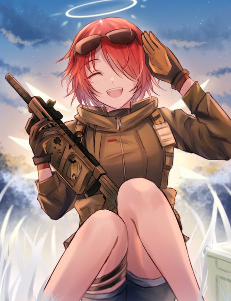Anime picture 1000x1300 with arknights exusiai (arknights) exusiai (wild operation) (arknights) haku wi single tall image short hair open mouth sitting sky outdoors red hair eyes closed official alternate costume ^ ^ sunglasses on head ^o^ salute girl gloves