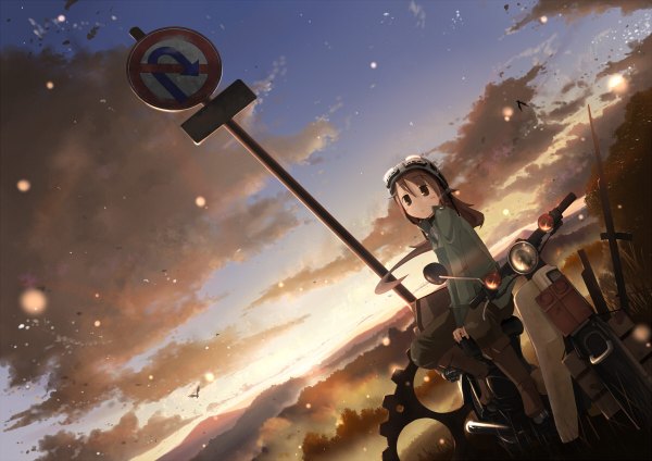 Anime picture 1200x848 with nabana brown hair sitting brown eyes sky cloud (clouds) evening sunset mountain girl animal tree (trees) bird (birds) thigh boots forest goggles helmet motorcycle traffic sign motorcycle helmet