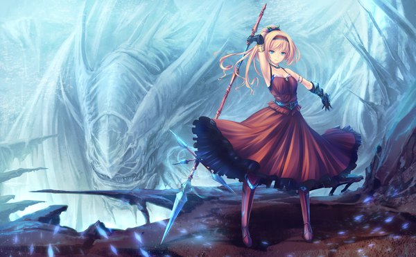 Anime picture 2267x1400 with original tenmaso single long hair looking at viewer highres blue eyes blonde hair wide image full body ponytail arm up wind outstretched arm girl dress gloves weapon black gloves elbow gloves