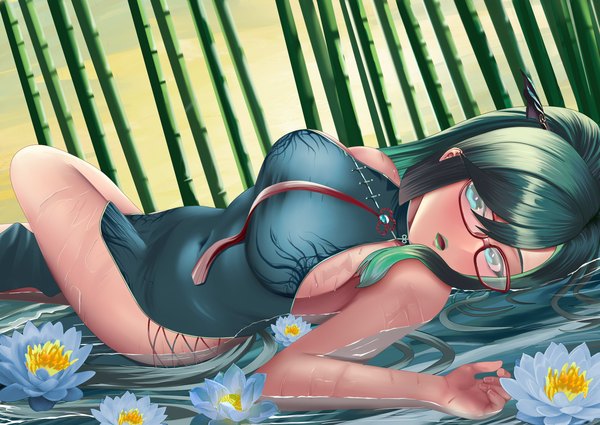Anime picture 3508x2482 with genshin impact cloud retainer (genshin impact) xianyun (genshin impact) ronikx art single long hair looking at viewer fringe highres breasts open mouth light erotic hair between eyes large breasts absurdres lying aqua eyes green hair wet on back