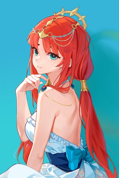 Anime picture 1567x2341 with genshin impact nilou (genshin impact) jingtailan single long hair tall image blush fringe simple background smile twintails bare shoulders red hair blunt bangs aqua eyes alternate costume low twintails back blue background bare back