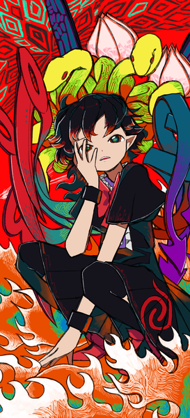 Anime picture 1427x3132 with touhou houjuu nue neruzou single tall image looking at viewer short hair black hair red eyes pointy ears hand on face girl thighhighs black thighhighs animal wings snake reptile