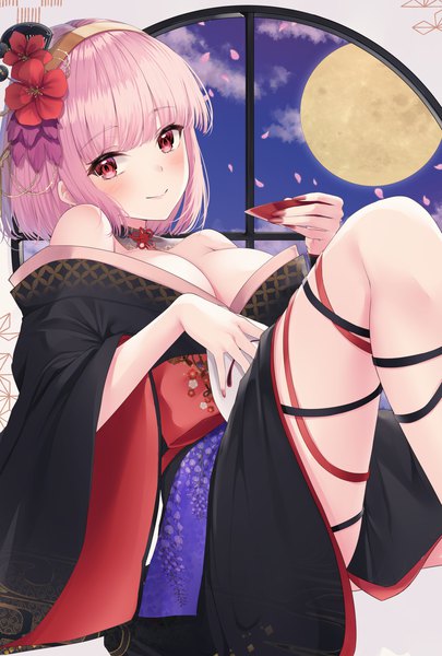 Anime picture 1217x1804 with virtual youtuber hololive hololive english mori calliope mori calliope (new year) primamiya single tall image looking at viewer blush fringe short hair breasts light erotic smile large breasts pink hair blunt bangs nail polish traditional clothes