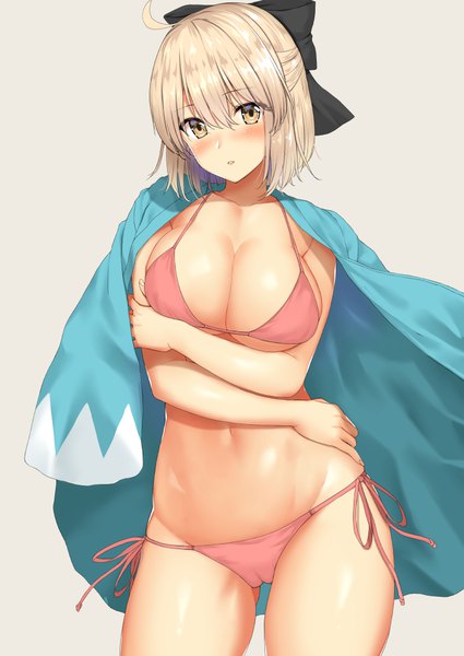 Anime picture 752x1062 with fate (series) fate/grand order koha-ace okita souji (fate) (all) okita souji (koha-ace) body mahattaya ginga single tall image looking at viewer blush fringe short hair breasts light erotic blonde hair simple background hair between eyes large breasts standing yellow eyes