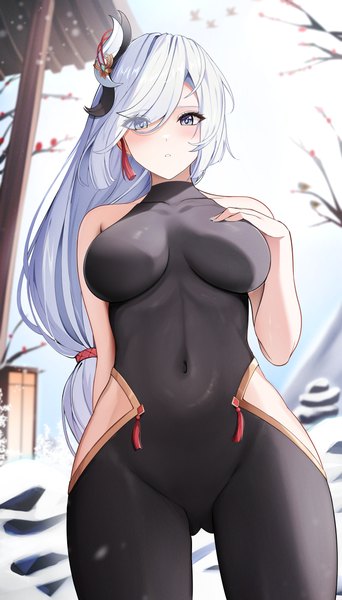 Anime picture 4221x7403 with genshin impact shenhe (genshin impact) yeni1871 single long hair tall image looking at viewer blush fringe highres breasts blue eyes light erotic large breasts standing bare shoulders absurdres silver hair outdoors arm up