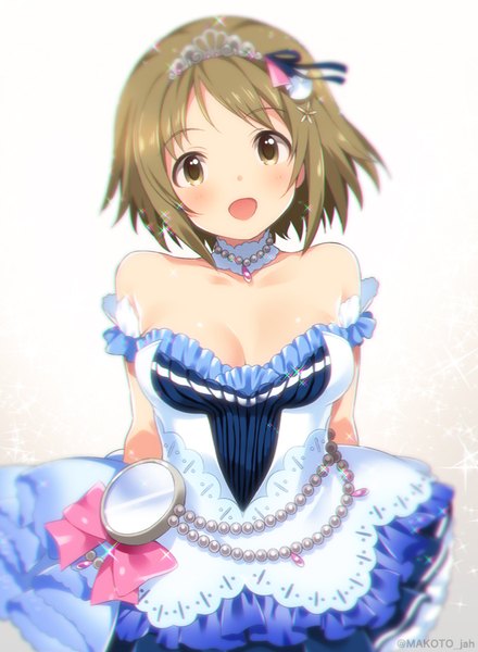 Anime picture 660x900 with idolmaster idolmaster cinderella girls idolmaster cinderella girls starlight stage mimura kanako mizuki makoto single tall image looking at viewer blush short hair open mouth brown hair bare shoulders brown eyes signed cleavage head tilt sparkle gradient background starry sky bright