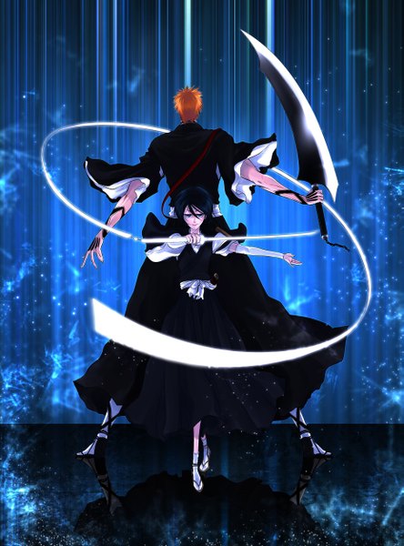 Anime picture 1853x2500 with bleach studio pierrot kurosaki ichigo kuchiki rukia hiroto touya tall image looking at viewer highres short hair blue eyes standing holding blue hair traditional clothes japanese clothes from behind orange hair couple glowing reflection