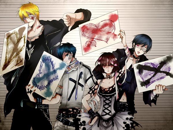 Anime picture 1024x768 with durarara!! tsubasa reservoir chronicle brains base (studio) clamp orihara izaya heiwajima shizuo sonohara anri ryuugamine mikado short hair blue eyes red eyes purple eyes yellow eyes crossover parody dress