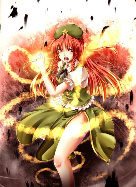 Anime picture 800x1100 with touhou hong meiling mochi.f single long hair tall image looking at viewer open mouth red eyes red hair braid (braids) twin braids girl dress skirt beret skirt set fire