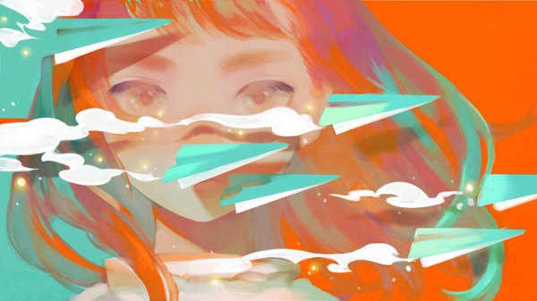 Anime picture 2880x1620 with original satomatoma single long hair looking at viewer highres wide image wind orange hair orange eyes face girl paper airplane