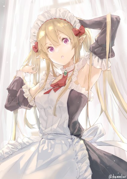 Anime picture 2894x4093 with outbreak company feel (studio) myucel foalan chamu (chammkue) single long hair tall image fringe highres blonde hair hair between eyes purple eyes twintails signed pointy ears from below armpit (armpits) maid twitter username hand on head