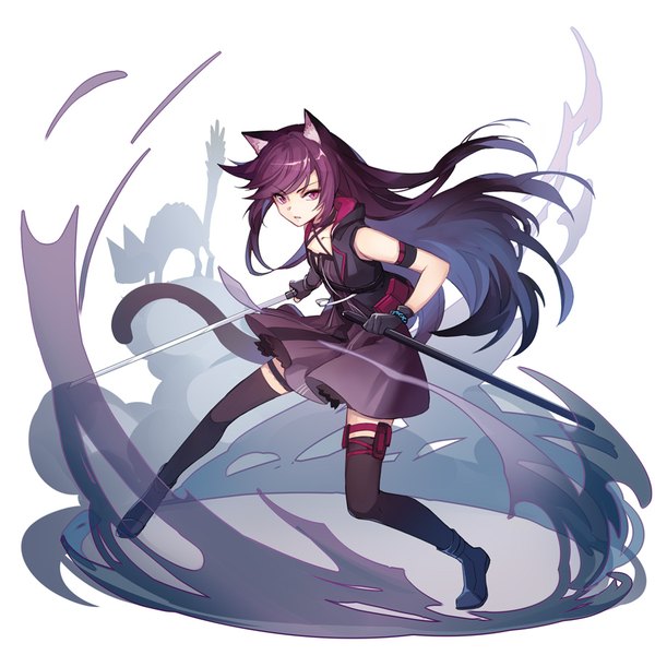 Anime picture 900x900 with arknights melantha (arknights) palesnow single long hair looking at viewer fringe simple background white background bare shoulders holding animal ears payot purple hair full body tail parted lips animal tail pink eyes cat ears
