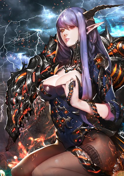 Anime picture 930x1316 with ha tav single long hair tall image breasts light erotic red eyes large breasts sitting yellow eyes cleavage purple hair cloud (clouds) braid (braids) horn (horns) pointy ears heterochromia wariza lightning girl