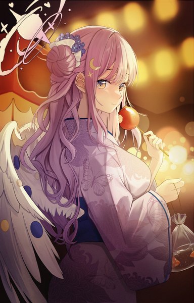 Anime picture 3409x5322 with blue archive mika (blue archive) themaree single long hair tall image blush fringe highres breasts large breasts standing holding yellow eyes looking away pink hair absurdres upper body traditional clothes japanese clothes