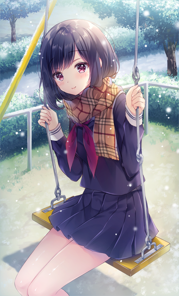 Anime picture 800x1325 with original noda shuha single long hair tall image looking at viewer blush fringe black hair sitting outdoors pink eyes from above snowing winter girl skirt uniform serafuku scarf