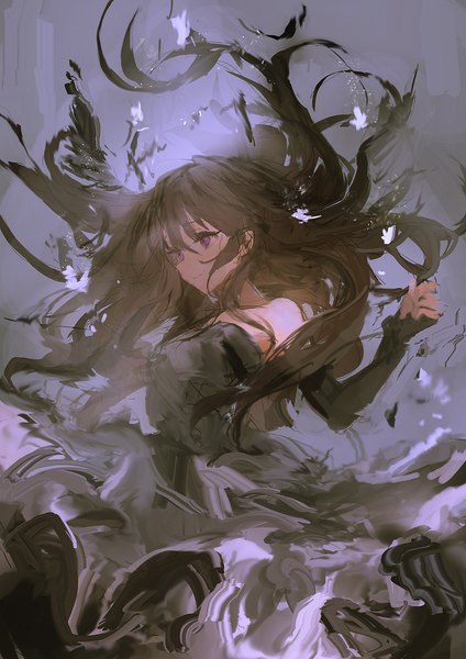 Anime picture 900x1273 with lm7 (op-center) single long hair tall image fringe brown hair purple eyes bare shoulders looking away girl dress black dress