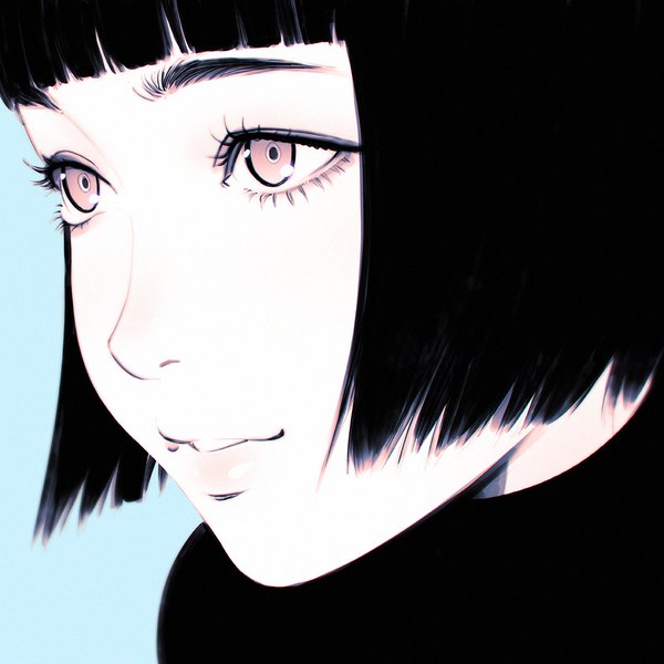 Anime picture 1080x1080 with original ilya kuvshinov single fringe short hair black hair looking away blunt bangs parted lips profile pink eyes realistic close-up blue background face pale skin girl