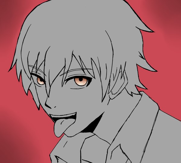 Anime picture 1200x1080 with darksone single looking at viewer fringe short hair open mouth simple background hair between eyes upper body teeth orange eyes red background sketch spot color boy tongue