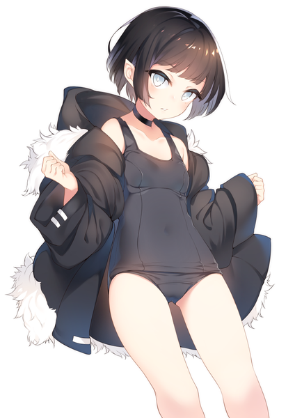 Anime picture 848x1200 with original otokuyou single tall image looking at viewer blush fringe short hair breasts light erotic black hair simple background standing white background payot blunt bangs parted lips pointy ears off shoulder wide sleeves