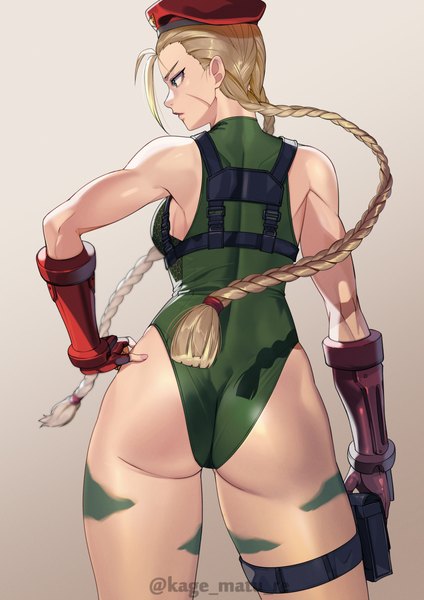 Anime picture 1736x2456 with street fighter capcom cammy white kagematsuri single long hair tall image fringe highres blue eyes light erotic simple background blonde hair bare shoulders signed looking away ass braid (braids) profile twitter username