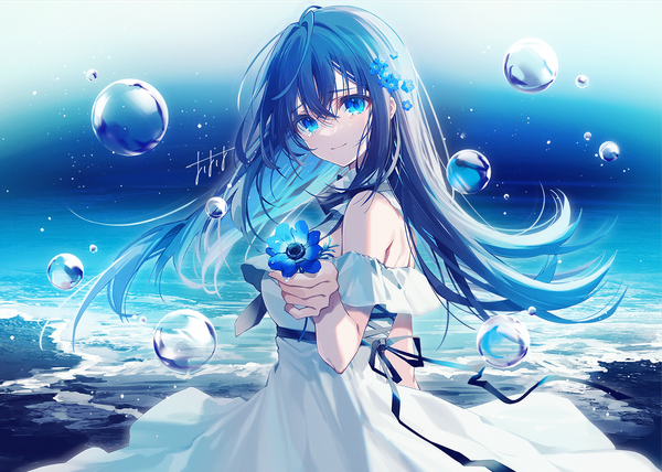 Anime picture 1500x1069 with original oshio (dayo) single long hair looking at viewer fringe blue eyes hair between eyes standing bare shoulders holding signed blue hair upper body outdoors arm up hair flower light smile tears turning head