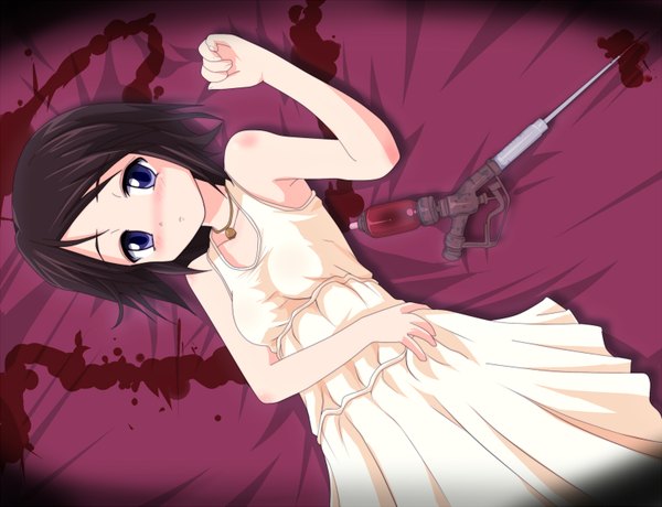 Anime picture 1600x1227 with bioshock eleanor hangaku blush short hair blue eyes black hair lying girl blood sundress syringe