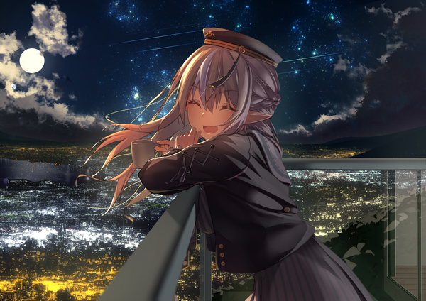 Anime picture 4093x2894 with virtual youtuber hololive shiranui flare shiranui flare (3rd costume) inaba teitoku single long hair fringe highres hair between eyes absurdres silver hair eyes closed pointy ears night night sky official alternate costume half updo ^ ^ city lights