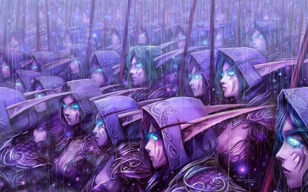 Anime picture 1152x720 with world of warcraft blizzard entertainment night elf yao ren long hair blue eyes wide image multiple girls signed blue hair green hair pointy ears tattoo facial mark glowing group rain elf glowing eye (eyes) 6+ girls