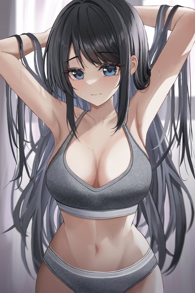 Anime picture 1500x2250 with original ttusee5 single long hair tall image blush fringe breasts blue eyes light erotic black hair large breasts standing looking away arms up armpit (armpits) sweat underwear only adjusting hair arms behind head