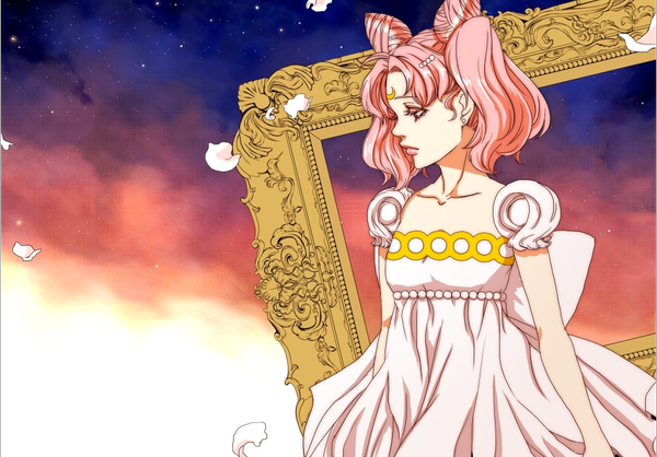 Anime picture 1000x698 with bishoujo senshi sailor moon toei animation princess usagi small lady tagme (artist) single long hair twintails pink hair sky cloud (clouds) profile looking down eyeshadow crescent empty picture frame girl dress hair ornament petals white dress