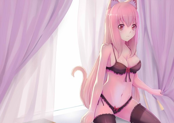 Anime picture 1300x919 with original sonikey0 0 single long hair breasts light erotic animal ears pink hair tail animal tail pink eyes cat ears cat girl cat tail underwear only girl thighhighs navel underwear panties