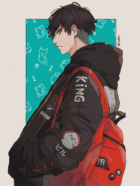 Anime picture 800x1062 with original 1o8k single tall image looking at viewer short hair black hair red eyes signed upper body profile twitter username piercing ear piercing hands in pockets boy jacket backpack