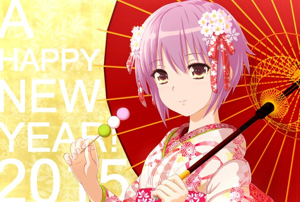 Anime picture 1748x1181 with suzumiya haruhi no yuutsu nagato yuki-chan no shoushitsu kyoto animation nagato yuki akahige single highres short hair smile brown eyes purple hair traditional clothes japanese clothes hair flower inscription new year happy new year girl hair ornament flower (flowers)