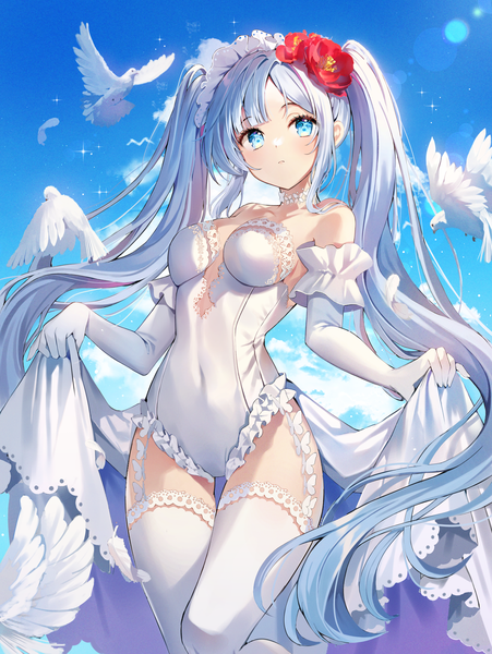 Anime picture 4000x5325 with original auro drm single long hair tall image looking at viewer blush fringe highres breasts blue eyes light erotic large breasts standing twintails bare shoulders payot absurdres sky silver hair