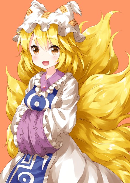 Anime picture 1000x1400 with touhou yakumo ran ruu (tksymkw) single tall image looking at viewer blush fringe short hair open mouth simple background blonde hair hair between eyes brown eyes tail :d animal tail fox tail fox girl multiple tails