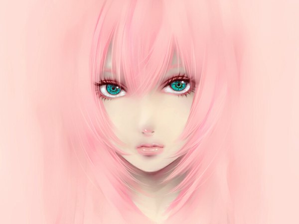 Anime picture 800x600 with vocaloid megurine luka ririneko single long hair looking at viewer simple background pink hair aqua eyes close-up pink background blending girl