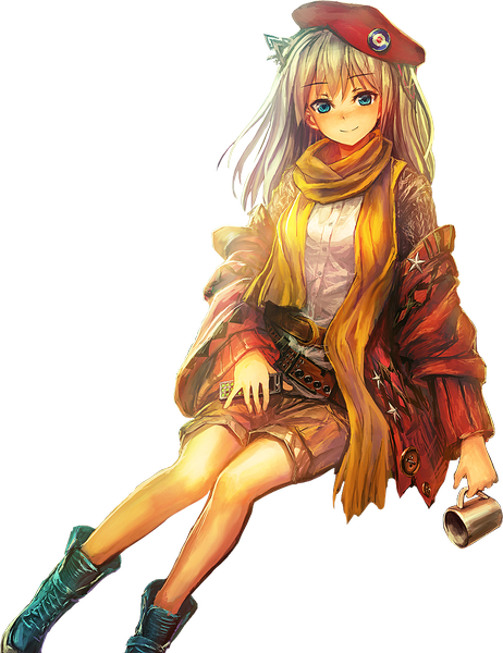 Anime picture 797x1035 with original lm7 (op-center) pustakkeramzytowy single long hair tall image blush blue eyes smile brown hair transparent background rendered girl jacket shorts belt scarf beret mug