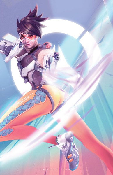 Anime picture 1024x1583 with overwatch blizzard entertainment tracer (overwatch) janice sung single tall image looking at viewer short hair smile brown hair holding brown eyes signed bent knee (knees) ass lips character names dual wielding spiked hair girl