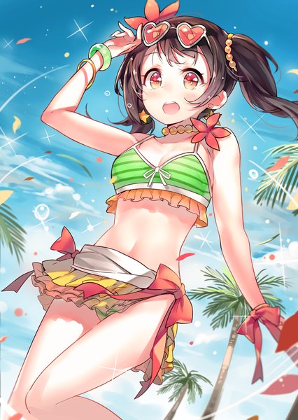 Anime picture 854x1202 with love live! school idol project sunrise (studio) love live! yazawa nico yuran (cozyquilt) single long hair tall image looking at viewer blush open mouth light erotic black hair red eyes twintails bare belly sunglasses on head adjusting sunglasses girl flower (flowers)
