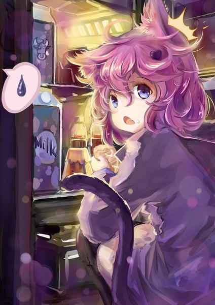 Anime picture 1414x2000 with original luo xiaofei single tall image looking at viewer fringe short hair open mouth blue eyes hair between eyes purple eyes holding animal ears purple hair ahoge tail animal tail looking back cat ears cat girl