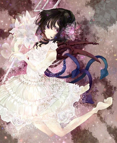 Anime picture 1150x1405 with touhou houjuu nue shiyui (artist) single tall image black hair bare shoulders barefoot hair flower heterochromia soles girl dress hair ornament flower (flowers) wings trident