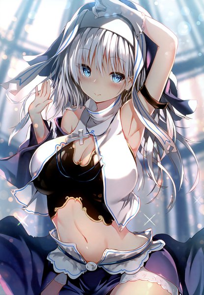 Anime picture 2282x3300 with original sune (mugendai) single long hair tall image looking at viewer blush fringe highres breasts blue eyes light erotic hair between eyes large breasts standing bare shoulders cleavage silver hair arm up scan
