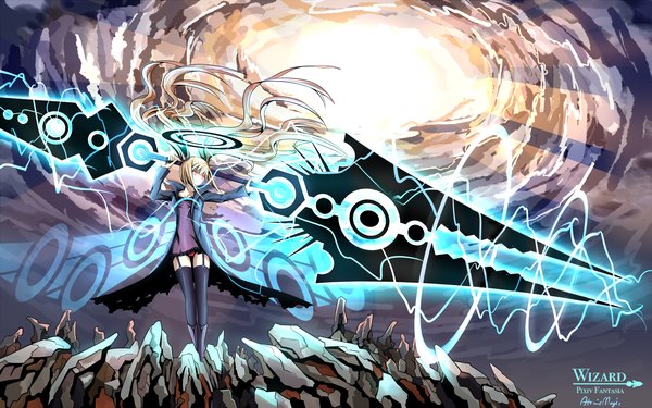 Anime picture 1600x1000 with original pixiv fantasia pixiv fantasia wizard and knight langjiao single long hair blonde hair red eyes wide image twintails sky cloud (clouds) girl thighhighs weapon black thighhighs huge weapon