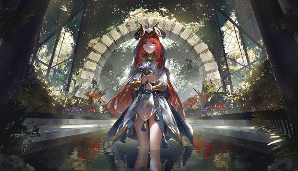 Anime picture 4093x2361 with genshin impact nilou (genshin impact) zeklewaaa single long hair fringe highres open mouth blue eyes wide image standing holding looking away absurdres red hair blunt bangs long sleeves horn (horns) partially submerged reflection