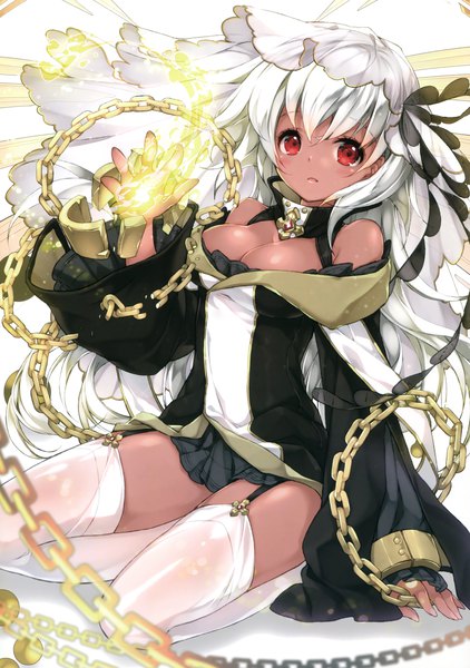Anime picture 2392x3401 with original juna single long hair tall image looking at viewer blush highres breasts light erotic red eyes bare shoulders white hair scan dark skin girl thighhighs dress white thighhighs chain